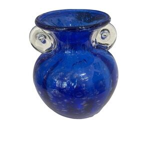 Orecchio Cobalt Blue Art Glass Hand Blown Vase with Bubbles Clear Handles 70’s